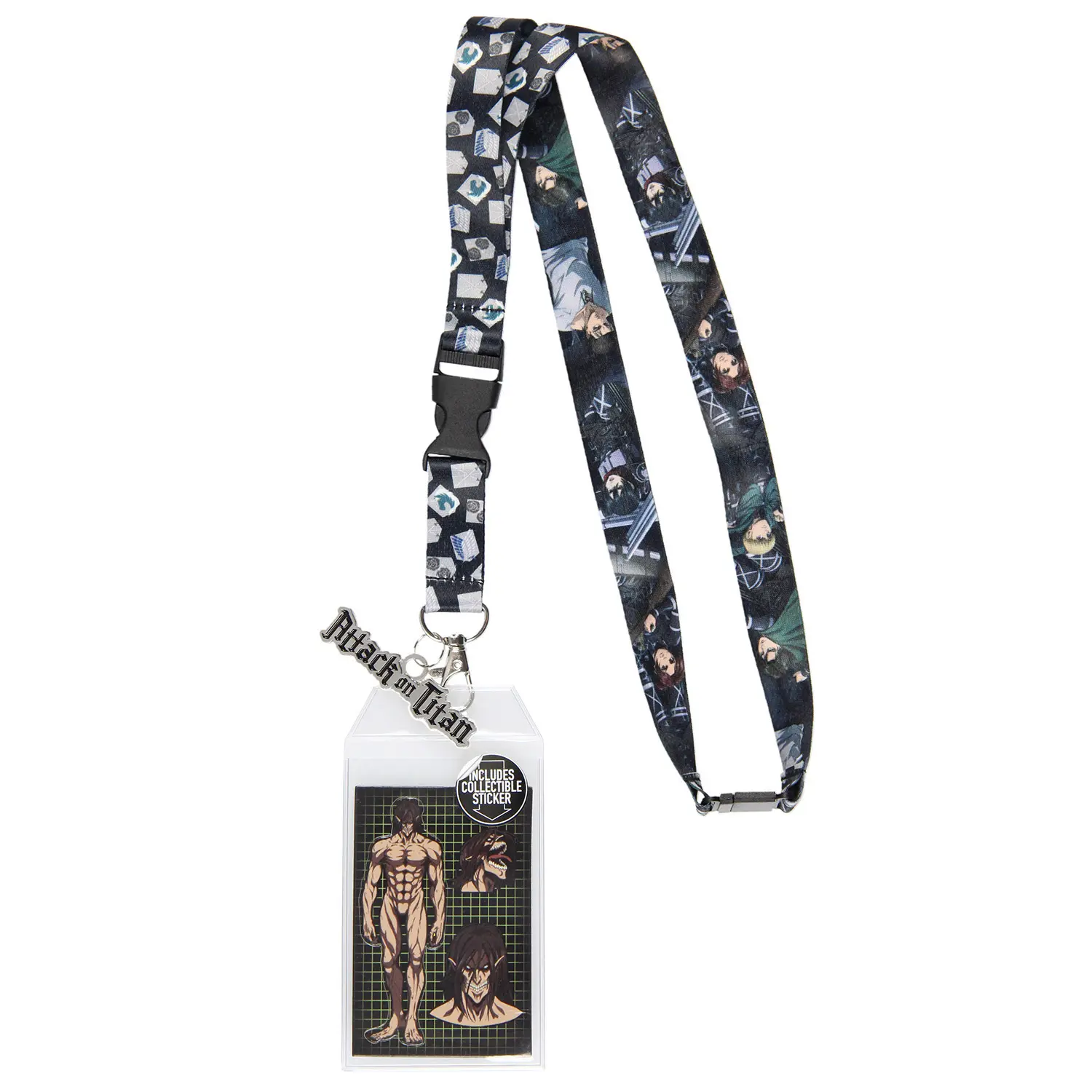 Attack On Titan Reversible Badge Holder Lanyard, .75" Width, Classic Lobster Clasp, Double-Sided Design, Metal Logo Charm, Collectible Sticker for Manga Fans
