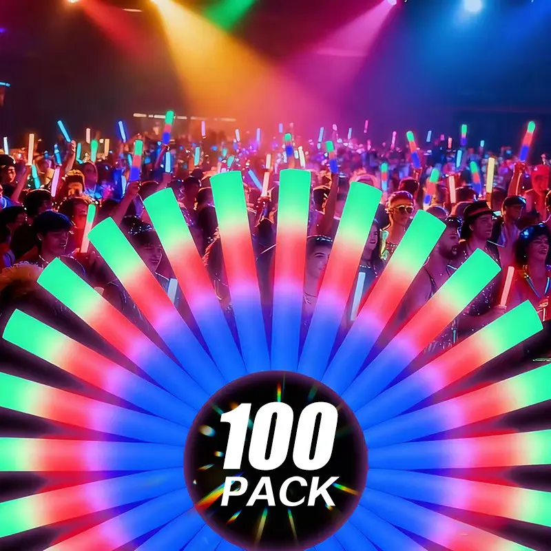 Battery Operated LED Glow Sticks 100-Pack - Multi-Color, 3 Dynamic Modes Festive & Party Supplies, Wedding Favors, Decor Gifts for Loved Ones