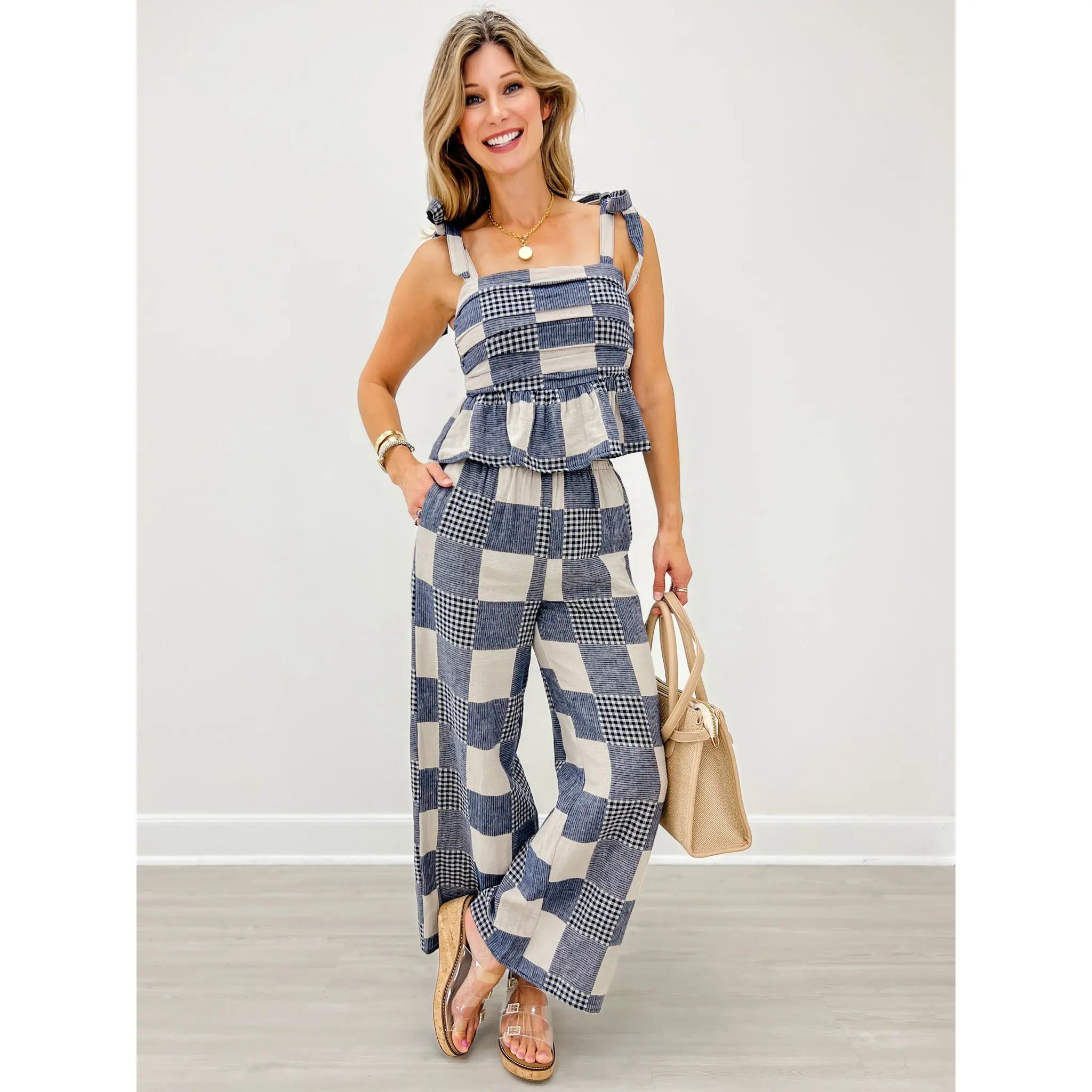 Gingham And Stripe Patch Effect Top and Pants Set