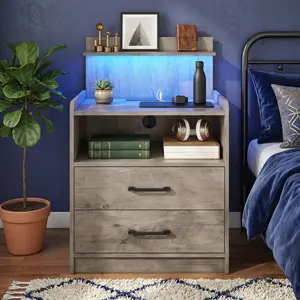 Modern LED Nightstand with Charging Station - 2 Drawers, Open Storage, Multi-Storage, RGB LED Lights, USB Ports, Power Outlets, Simple Setup - Smart End Table for Bedroom, Living Room