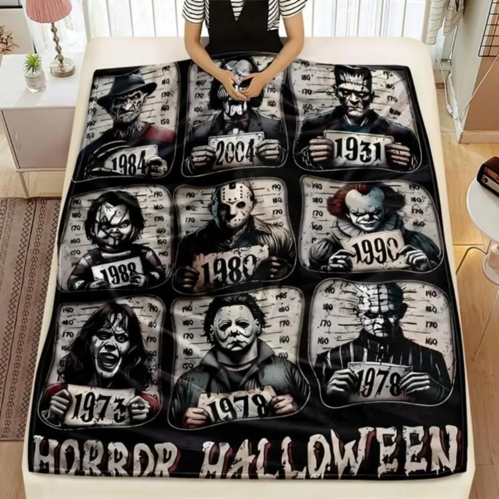 Horror Icons Flannel Fleece Throw Blanket - Soft & Warm, Wrinkle-Resistant, Cozy Fuzzy Plush - Halloween Fun Home & Travel Decor Gift for Men, Women (Sofa, Bedroom, Car Use)