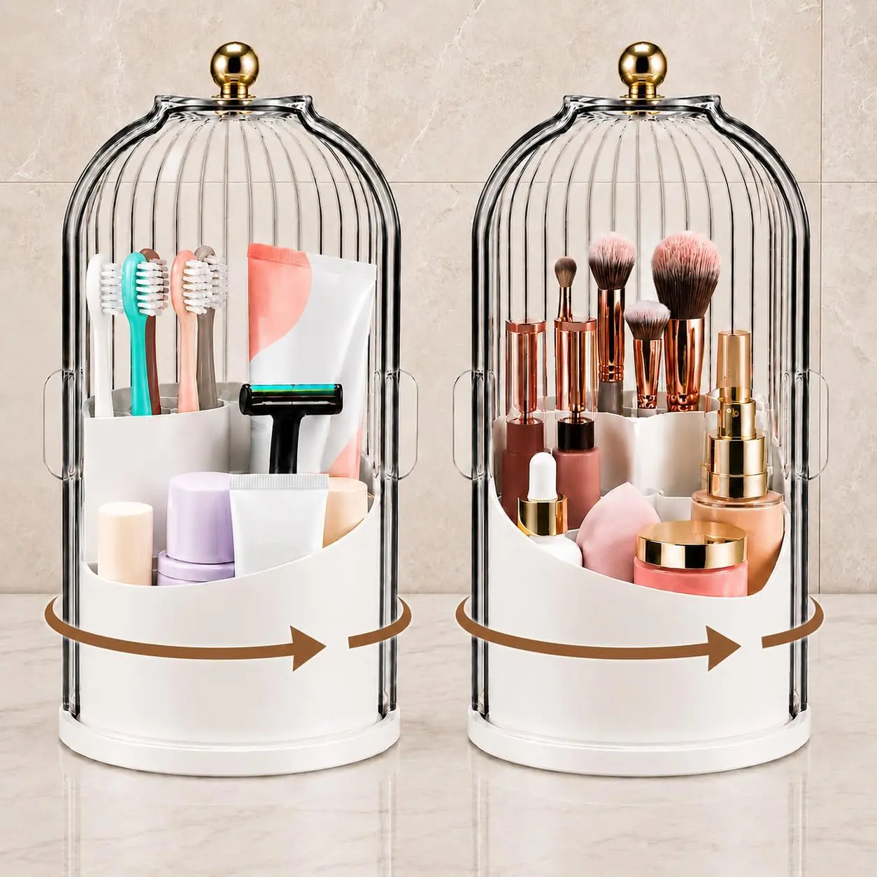 360° Rotating Bathroom Countertop Organizer, Dustproof Toothbrush & Makeup Brush Holder with Lid, 3-Slot Hygienic Bathroom Caddy, Multi-Use Rotating Storage Caddy for Vanity & Bathroom dustproof toothbrush holder case cosmetic drawer transparent beauty