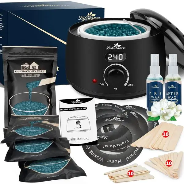Lifestance Waxing Kit for Women & Men - L2 Digital Wax Pot Warmer | Brazilian & Bikini Hair Removal Kit with 14.1oz Hard Wax Beads & 42 Accessories, Professional for Face, Leg, Eyebrow