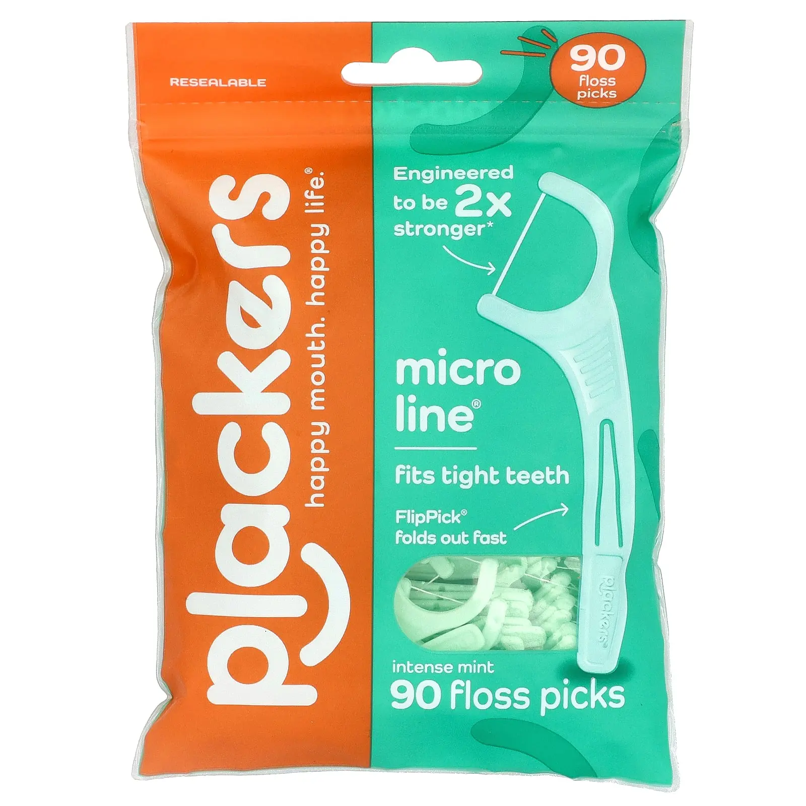 Plackers Micro Line®, Floss Picks, Intense Mint, 90 Count