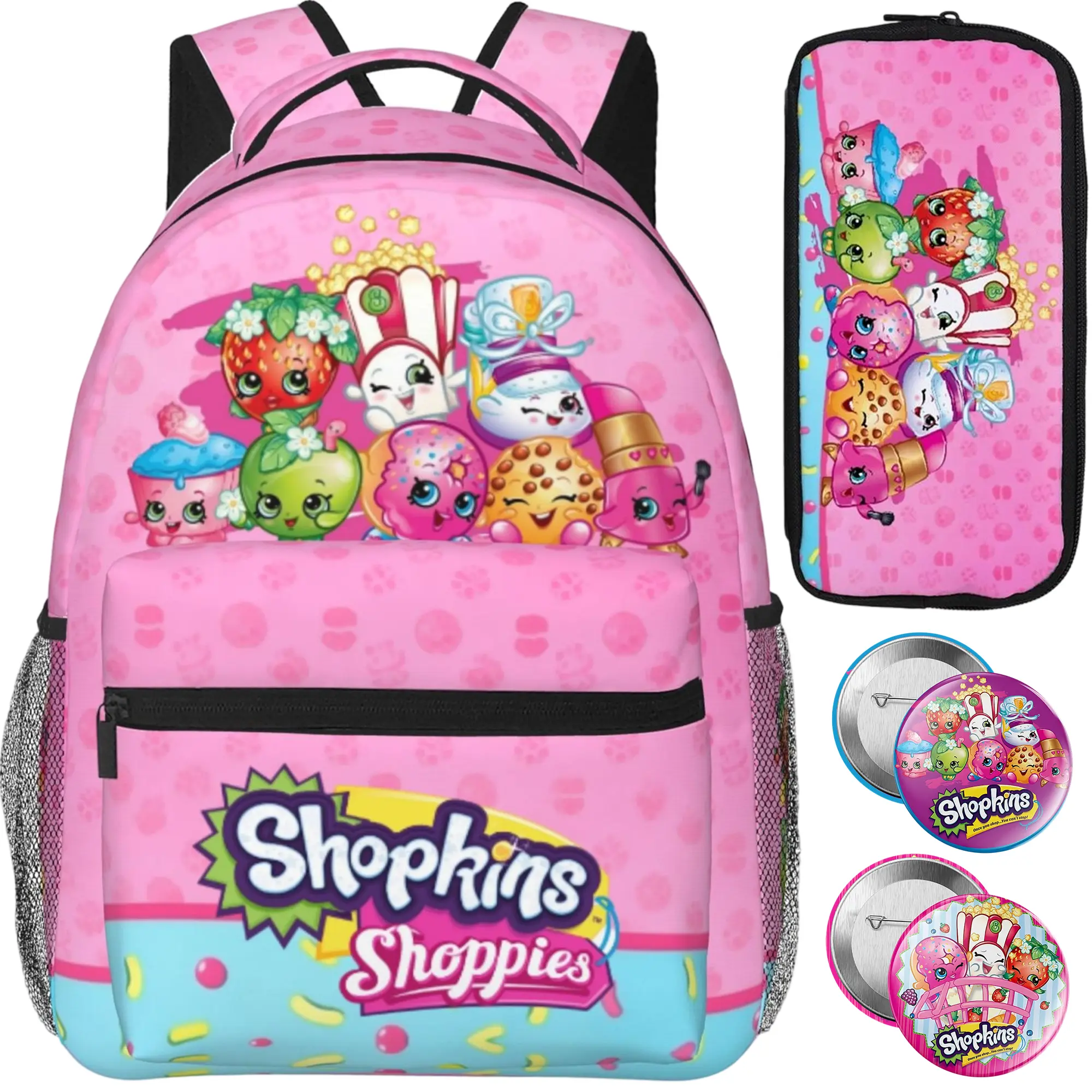 Shopkins Backpack Set with Backpack, Pencil Case & 2 Badges  Shopkins cartoon Laptop Bookbag for Teens Girls, Shopkins Shoppies Travel Bag, Ideal Present for Birthday Xmas Holiday Gift