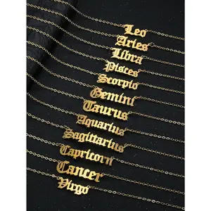 Women's Retro Stainless Steel 12 Constellation English Letter Gold Anklet Chain - Female Casual Geometric Fashion Accessory for Seaside Beach Vacations