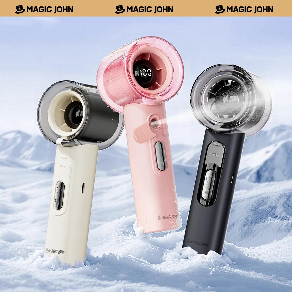 MAGIC JOHN Mist Fan, 2-in-1 Handheld & Desktop Fan, 100-Speed Stepless Control, 3000mAh Rechargeable Battery (Up to 12.5H Runtime), Smart LED Display, Portable Cooling Fan with Lanyard & Stickers, for Travel, Summer, Concerts & Commuting