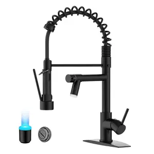 FORIOUS Commercial Spring Kitchen Faucet with Dual Heads & LED Stainless Steel Pull Down Sprayer Standard Aerator 360° Swivel Matte Black