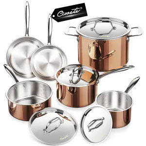 Ciwete Whole Tri-ply 18/10 Stainless Steel Cookware Set, 10 Pcs Elegant Copper Pots and Pans Set, Induction Cookware, Frying Pans, Saucepans & Stock Pot with Lid, Ideal Gift for Wedding, Housewarming fathersdaygift