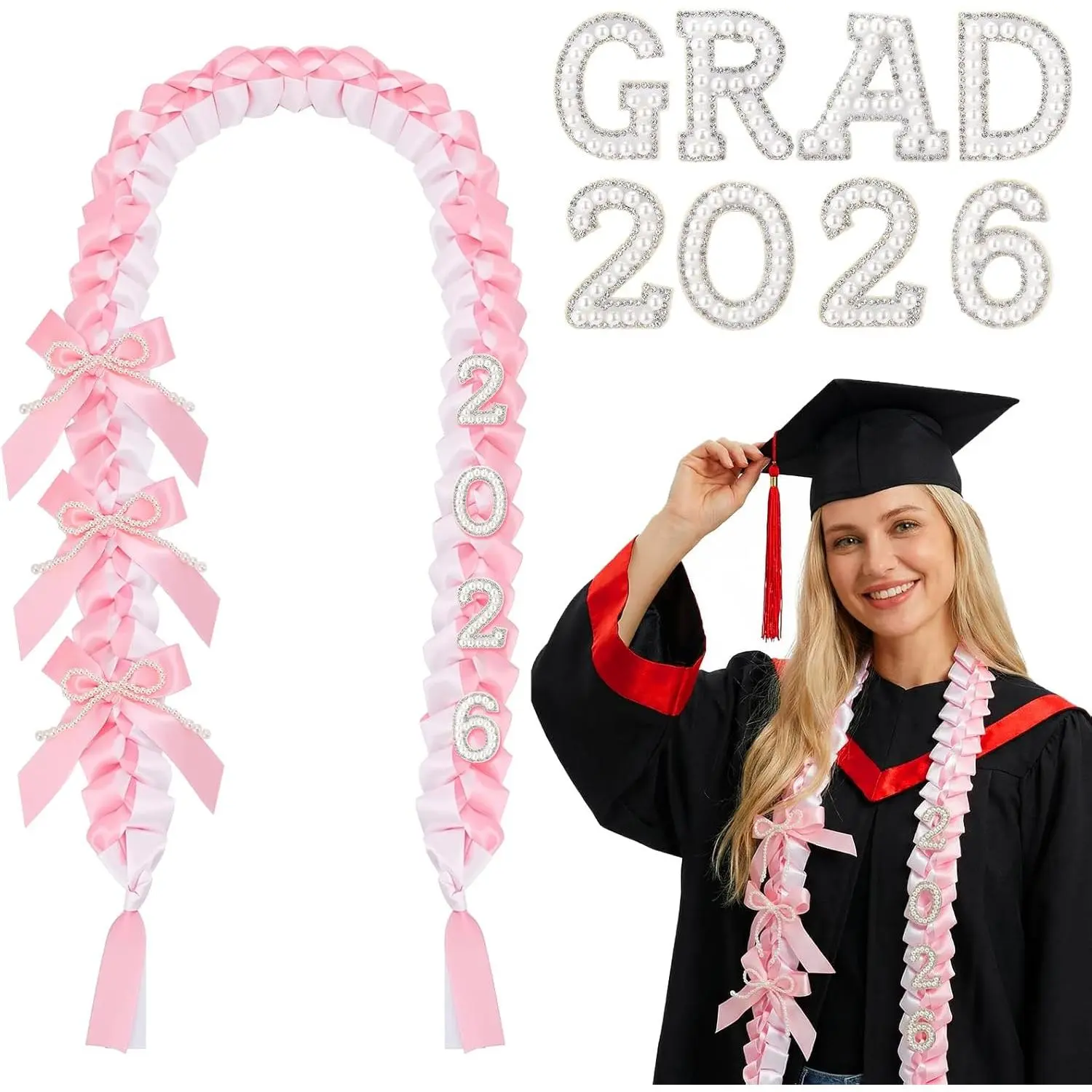 JATEBI 9 Pcs Coquette Graduation Leis&Cords Set 59 Inch Pink Ribbon Lei with Pearl Bows and Patches for 2026 Graduate Gifts