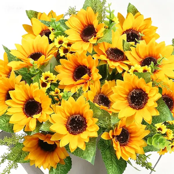 Decorative UV-Resistant Faux Sunflowers - 14 Fade-Proof Large Silk Blooms, 17.7" Tall Reusable Set, Box Pack Floral Bouquets for Outdoor Fall Garden Party Centerpieces, Wedding Home Decor