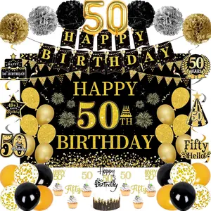 50th Birthday Decorations for Men Women, 46 count Black  Happy 50 Year Old Party Supplies 1975 Birthday Gifts Banner Backdrop Balloon Cake Topper Honeycomb Centerpiece Hanging Swirls Set