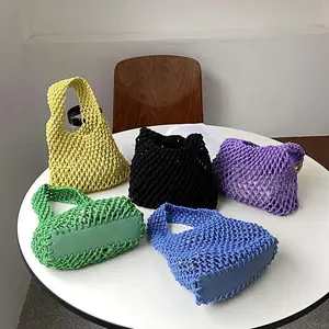 Crochet Handbags for Women Cotton Rope Knit Bag Hollow Out Straw Bag Drawstring Woven Beach Bags Vacation Fishnet Korea Summer