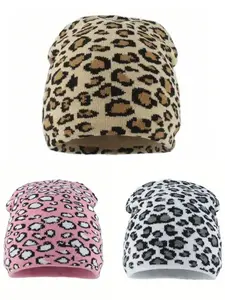 Boho Leopard Print Knit Hat, Vintage Streetwear Jacquard Beanie, Warm Fashion Unisex Cap for Fall & Winter, Stylish Cold Weather Headgear, Leopard Print Knitted Beanies