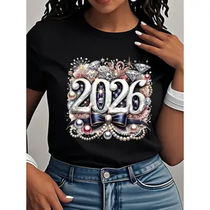 Women's 2026 Happy New Year Tee ND8398652 Casual Loose Round Neck Short Sleeve T-Shirt with Gorgeous Letter Pattern for New Year Celebration