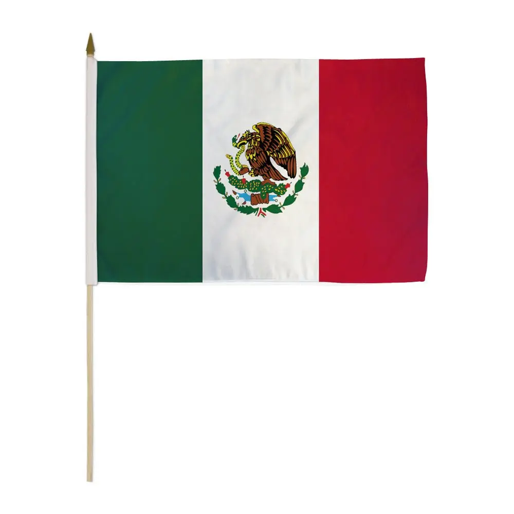 12x18in Mexico Plastic-Polyester Stick Flag with Wooden Pole Mount, Bright Print Banner for Parades, Decorating