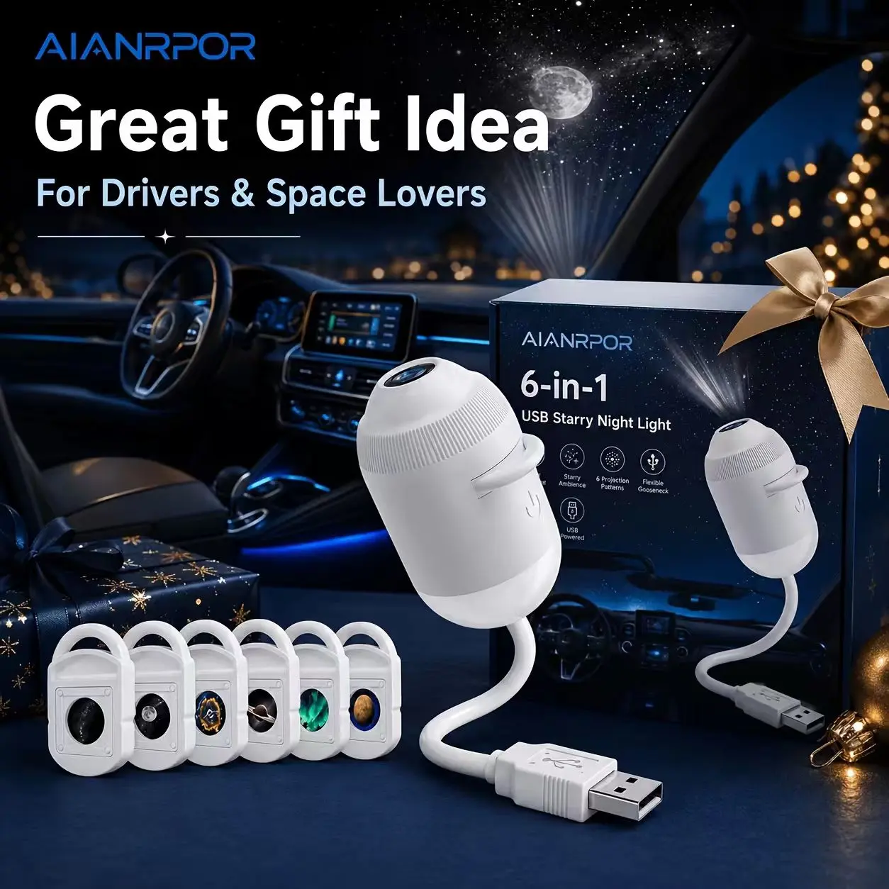 2 in 1 Galaxy Projector Night Light with 6 Projection Films, 360° Rotating Starry Sky Projector USB LED Lamp HD Milky Way Mood Lighting for Bedroom Car [Energy Class A]