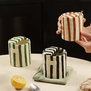 2pcs Vintage Striped Hand-Painted Ceramic Mugs, Coffee Cups, Heat Resistant, Non-Slip, Dual-Layer Design, Perfect for Milk Coffee Juice Latte Cocoa Granola