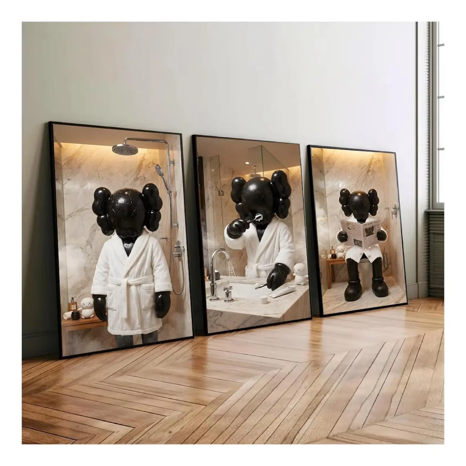 KAWS Bathroom Wall Art Set of 3,Black Shower Poster,Hypebeast Washroom Decor,Modern KAWS Prints,Luxury Bathroom Wall Decor