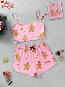 two pieces women's halloween themed matching pajama set, chic cartoon print cami top & bow pj shorts loungewear set for fall, lounge sets, halloween pajamas, christmas pajamas, fall wear, fallfreshness, christmas gift set, halloween costumes