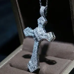 Hip Hop Full Moissanite Cross Pendant Necklace - 925 Sterling Silver for Men & Women, 2.76x1.57 Inch, Gift Options Available
