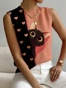 Women's Trendy Colorblock Cat Animal Print Sweater Vest, Casual Sleeveless Knit Top, Comfortable Breathable Spring Fall Autumn, Everyday