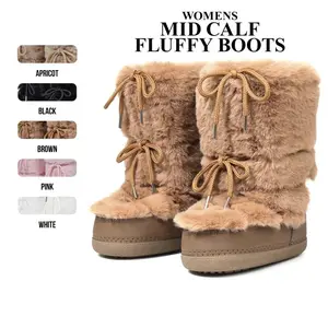 Womens Faux Fur Mid Calf Boots Rounded Toe Platform Heels Fashionable Cozy Fluffy Plush Snow Boot Lace Up Non Slip Comfortable Outing Party Casual Nightclub Event Ski Boot Chilly Day Booty