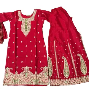 Chinon Silk Party Wear Salwar Kameez in Vibrant Red with Intricate Embroidery and Matching Pants for Special Occasions