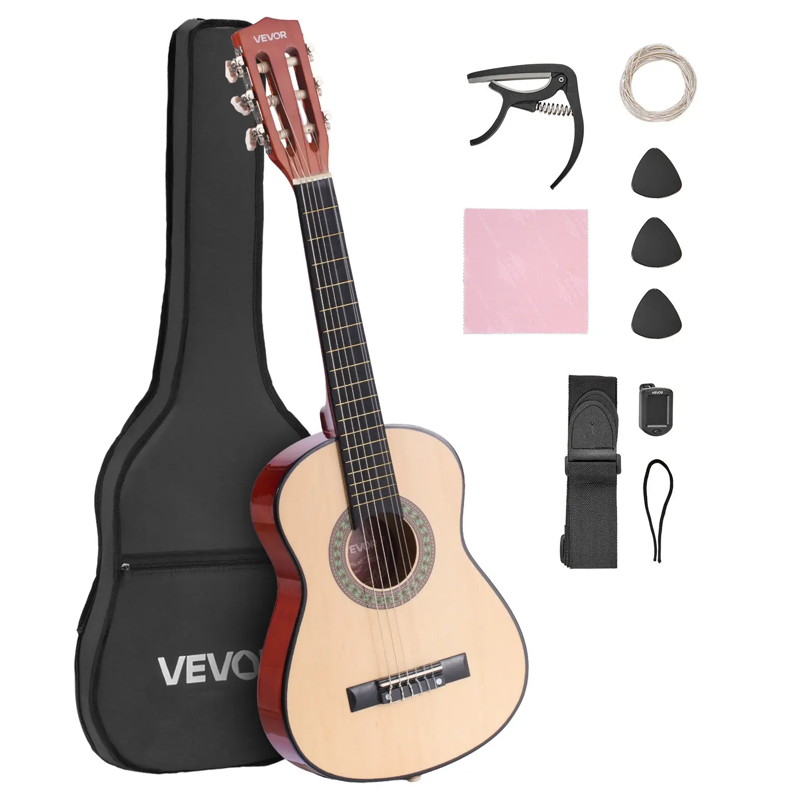 【Summerfinds】VEVOR 30 In Basswood Top Classical Guitar Full Hand Tool Kit for Beginners - Nylon Strings, Gig Bag, Shoulder Strap, Tuner, Extra Strings, Picks, Capo, Natural Finish