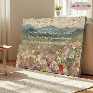 1 piece, 2D flat framed canvas painting, Jeremiah 29:11 canvas wall print, country wildflower scripture wall print, Bible scripture landscape, I know what plans I have for you, holiday gift, exquisite home gift, suitable for bedroom