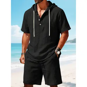 Men’s two-piece set: short-sleeve hooded Henley shirt and elastic-waist shorts. Lightweight, breathable casual summer outfit suitable for vacations, the beach, and everyday wear.
