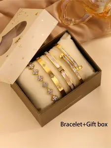 4pcs Stainless Steel Bracelet Set, Elegant Floral Design, 18k Gold Plated, Stackable, Perfect for Daily Wear, Parties, Gifts, Vacations