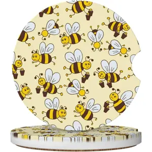 Cute Cartoon Bees 2 Pack Car Cup Holder Coasters Absorbent Ceramic Drink Coasters 2.56" Universal Anti Slip Cup Mat with Cork Base and Finger Notch Auto Accessories Interior for Women Men