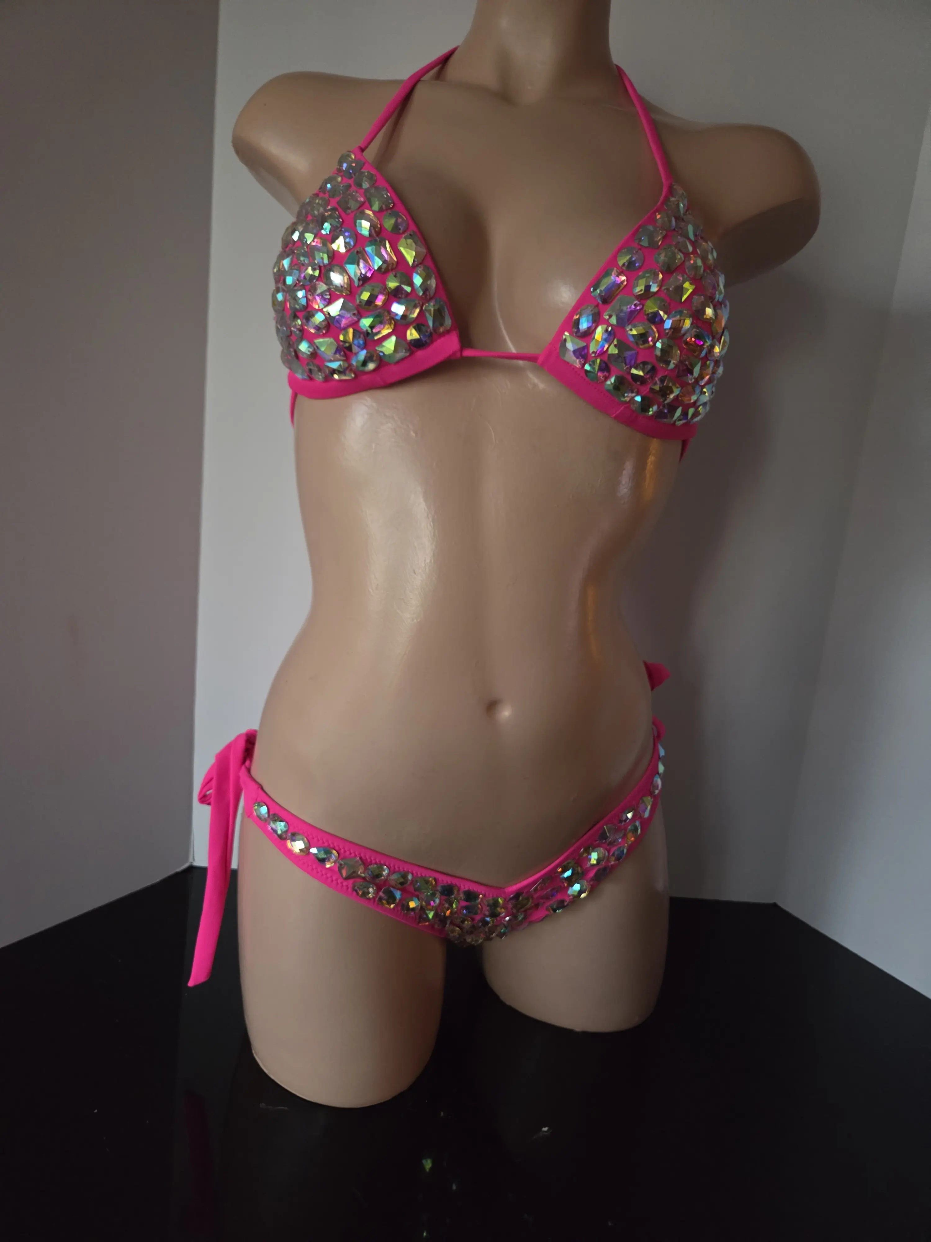 Ravekini Women's Pink Rhinestone Bikini Set with Halter Top and Side-Tie Bottoms for Rave and Clubwear Vibrant Design Ideal for Parties and Events