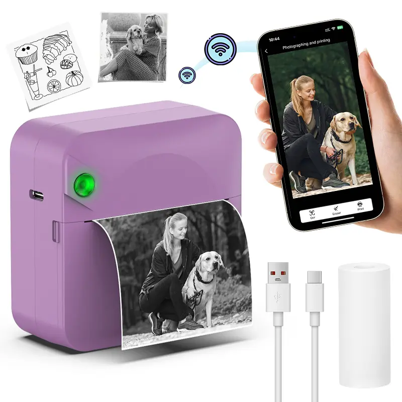 HuiJuKeJi Portable Mini Label Printer - Bluetooth Inkless Pocket Printer with 1 Roll Paper, Built-in Battery, Compatible with iOS/Android, for Photos, Journals, Inkless Print