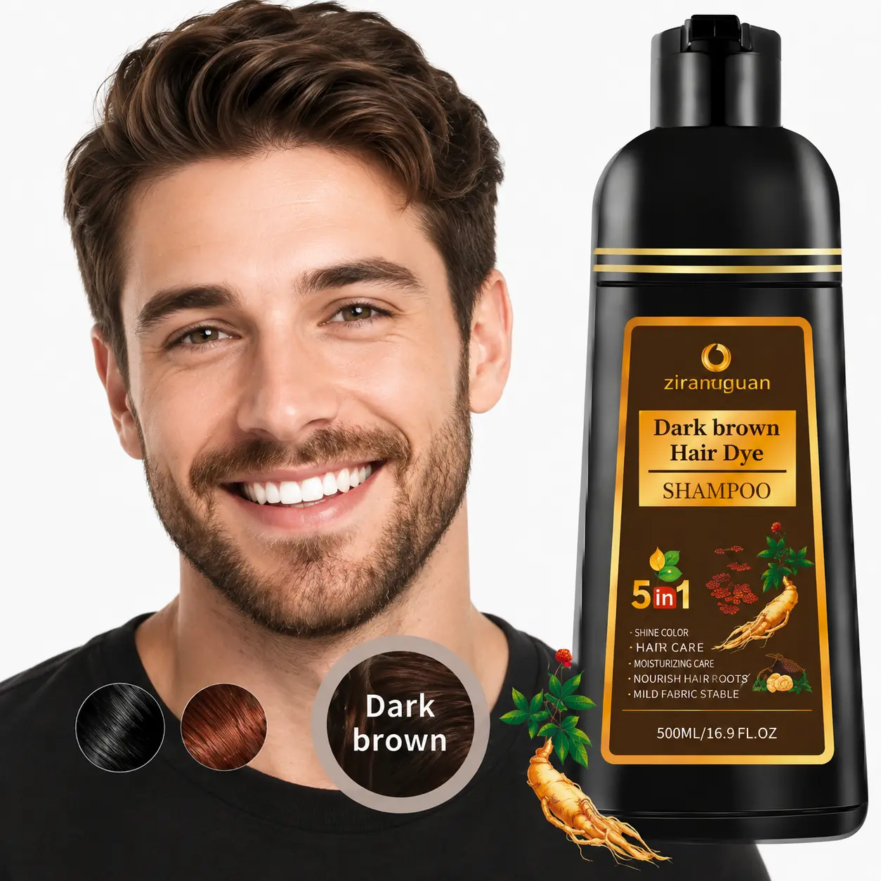 5-in-1 Dark Brown Semi-Permanent Hair Color Shampoo-Conditioner, 100% Gray Coverage in 10-15 Mins, Herbal Ginseng & He Shou Wu Formula, Ammonia-Free Vegan, Apply At Home Root Touch-Up Kit, 500ml/16.9fl oz for Adults
