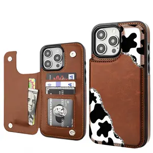 Cow leopard print Pattern Phone Cases,Compatible For SAMSUNG GALAXY S22 S23 S24 ULTRA PLUS Premium Leather Flip Wallet with Card Bag Holder Women Gift ,Black Brown Pink,  Shockproof Anti-Drop Full Protection Cover Shell Casing