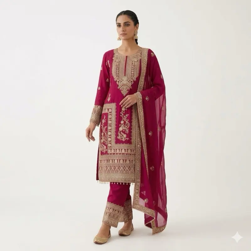 Women's Solid Color Salwar Kameez, Minimalist 2-Piece Indian Pakistani Casual Clothes Set with Tunic Top and Trousers