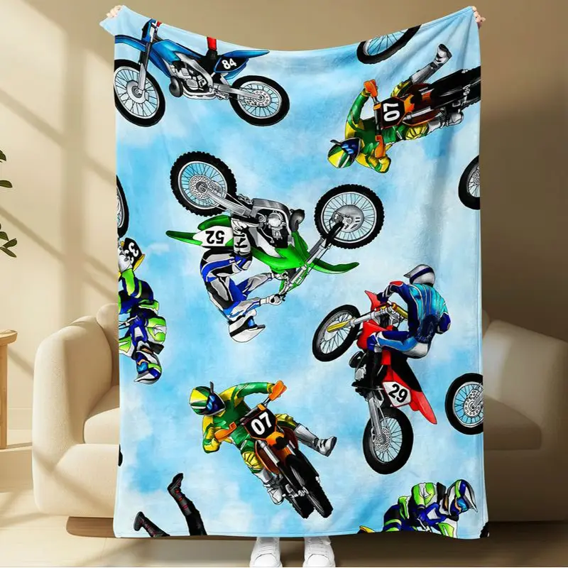 Motocross Riders Action Throw Blanket, Extreme Dirt Bike Sport Fleece Blanket, Cool Blanket for Racing Lovers, Soft & Cozy Design, Travel Blanket, Portable Blanket