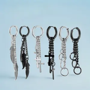 A pair of Korean version fringed chain earrings, stainless steel coil feathers, crosses, circle earrings, titanium steel ear buckles, men's earrings, the best gift for men rings high quality elegant practical christmas party wedding old money engagement