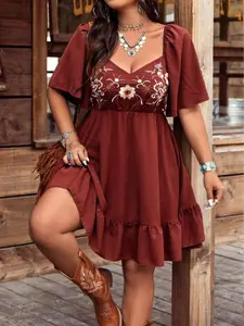 Fashionable Plus Size Floral Embroidered Boho Bohemian Patchwork Woven Fitted Dress, Casual Home Wear Loungewear, Stylish for Women, Comfortablepajamas Nightwear and Elegant, Summer Lounge Dress