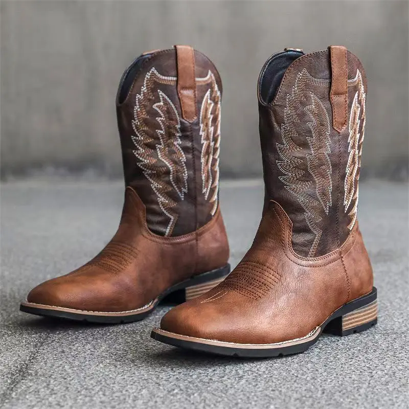 Zotixvox Men's Cowboy Boots, Western Mid-Calf Style with Decorative Knight Embroidery, V-Mouth Cut and Comfortable Rubber Sole, Decor, Statement Shoes, Cuban, Slip On, Pu Leather, Classic, Footwear