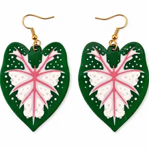 Pink Caladium Leaf Earrings • Botanical Statement Earrings • Tropical Plant Jewelry • Green Leaf Dangles • 3D Printed Earrings
