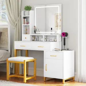 Yitahome Makeup Vanity with Lights and Charging Station, Vanity Mirror with Lights and Table Set, Large Vanity Desk with Storage Shelves, 3 Lighting Colors, White/Black