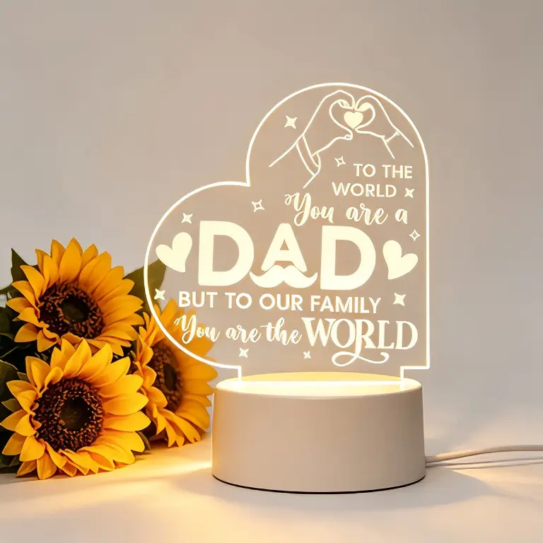 Heart Shaped 2D Acrylic LED Night Light for Dad, Engraved Quote Lamp To The World You Are A DAD, Sentimental Father’s Day Birthday Gift for Papa Stepdad Husband, USB Warm Light Desk Bedroom Decor, Unique Keepsake Present from Daughter Son Wife