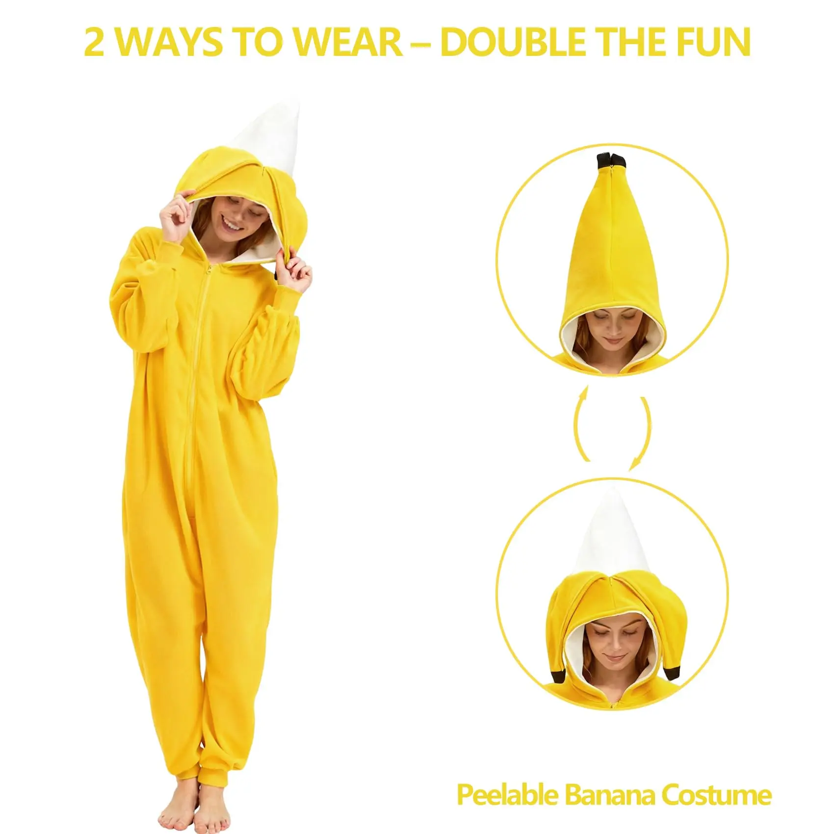 Yellow banana one-piece costume with a fruit design, featuring a peel-off feature — Halloween cosplay onesie pajamas, hat, and fun red dress great gift