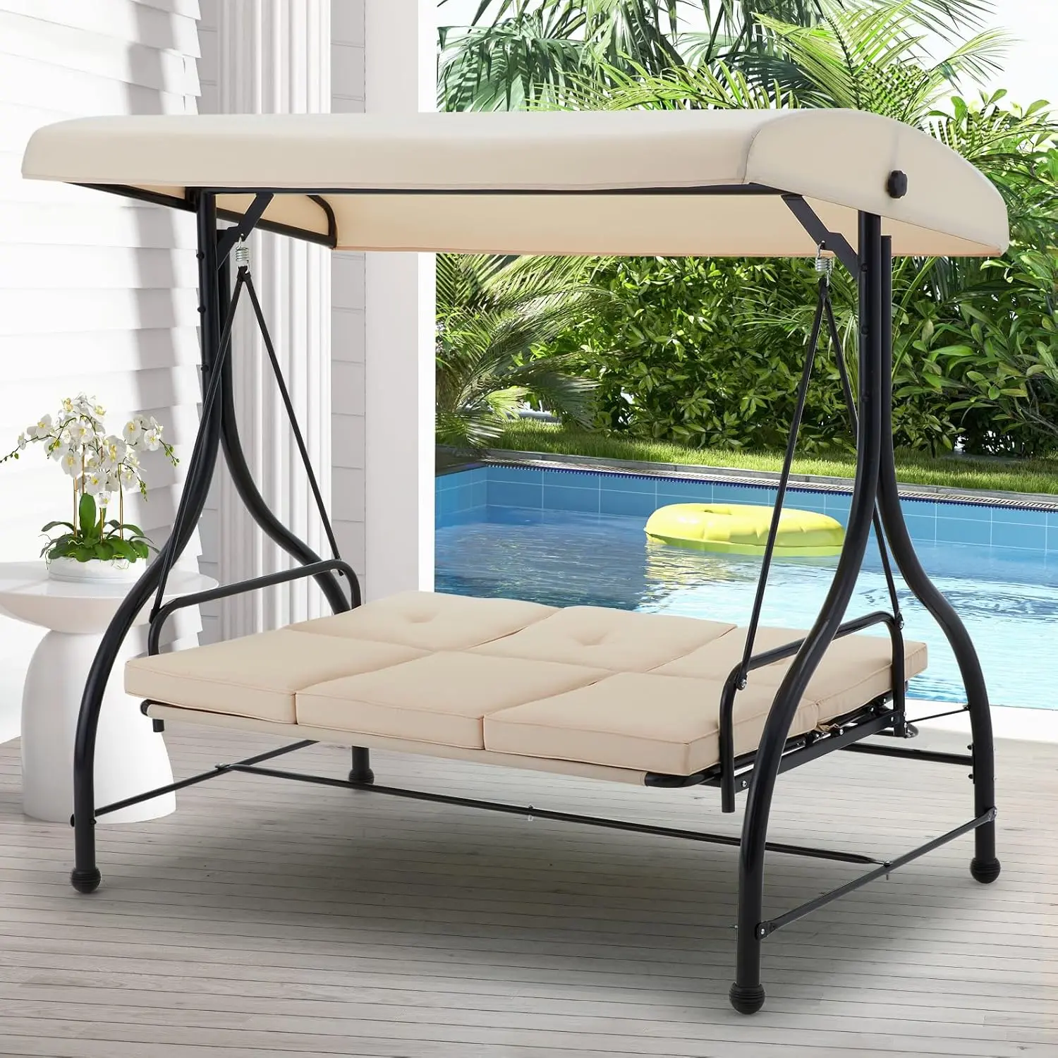 【1/2 packages arrived at different times】YODOLLA Outdoor Proch Swing Chair with Adjustable Backrest&Canopy, Patio Swing Set 2-in-1 Convertible Outdoor Swing Patio Canopy Swing Daybed with Removable Cushions for Adults