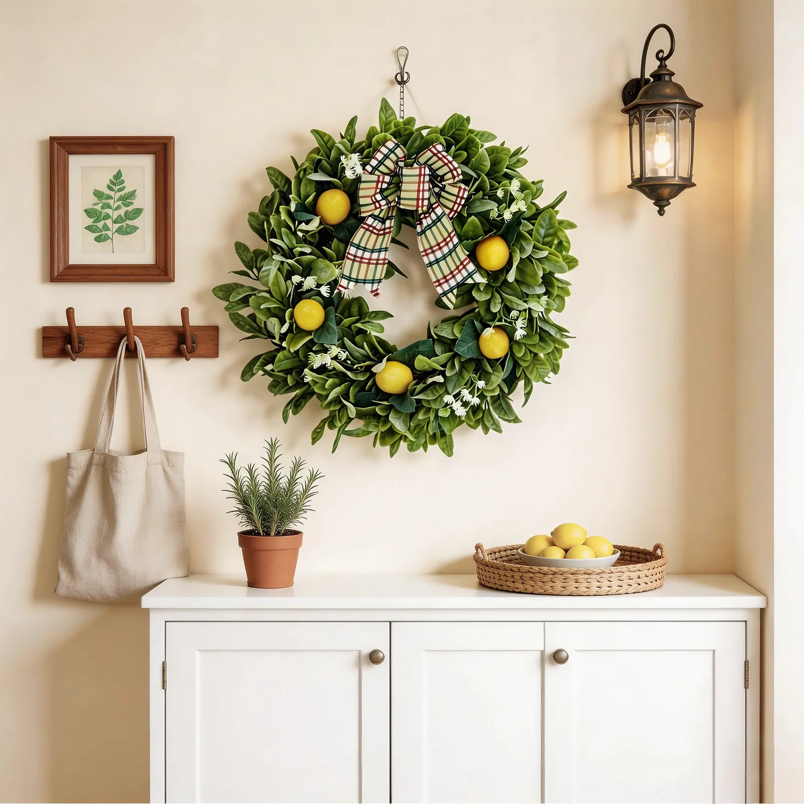 20-Inch Spring & Summer Farmhouse Lemon Wreath – Artificial Yellow Lemons with Lamb’s Ear Leaves and Decorative Bow for Front Door, Porch, Kitchen, Window, or Wall Décor