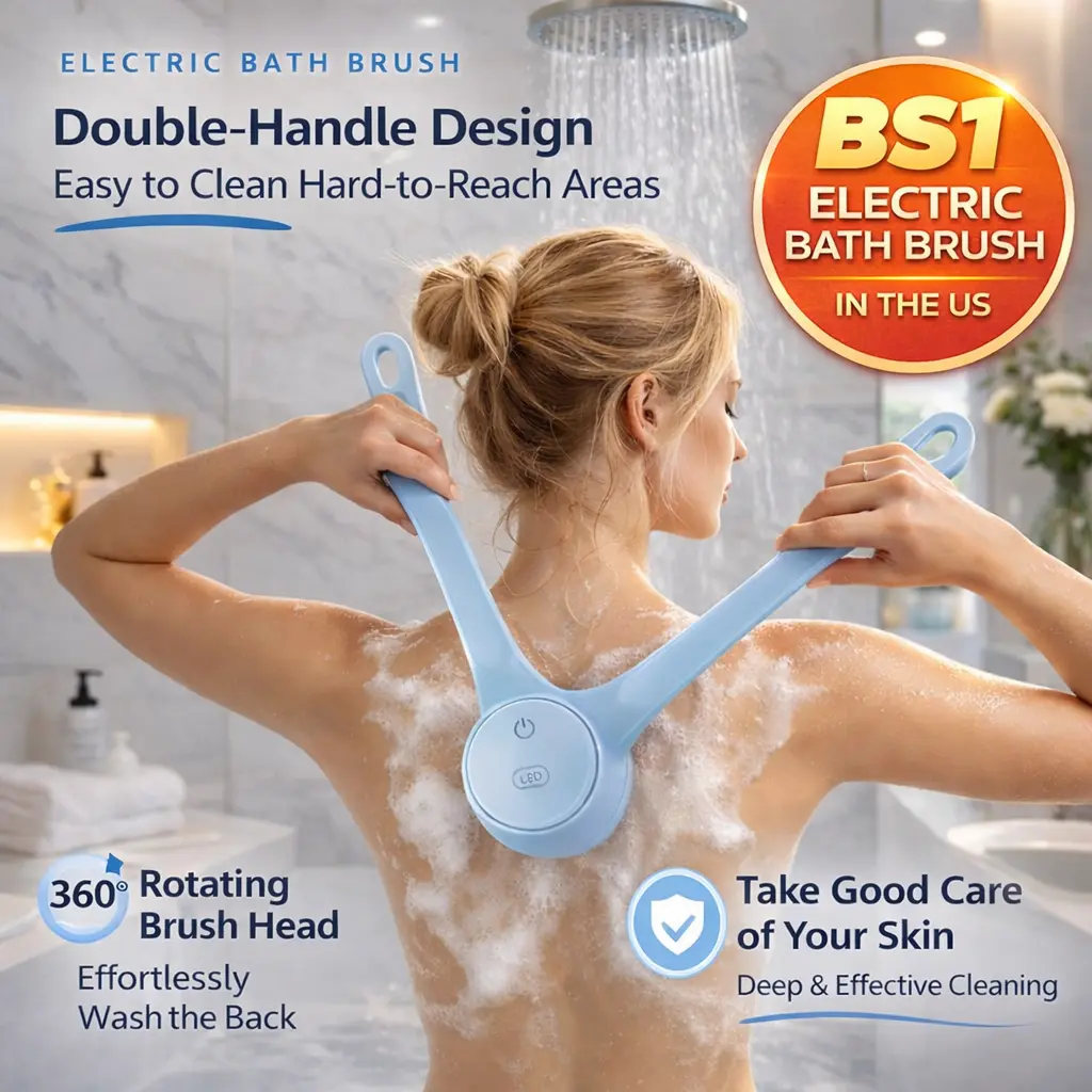 Rechargeable Electric Body Scrubber, Waterproof 360° Rotating Shower Brush with Dual Grip Handles, Full Body Bath Brush with 4 Detachable Heads for Deep Cleansing#SummerVibes
