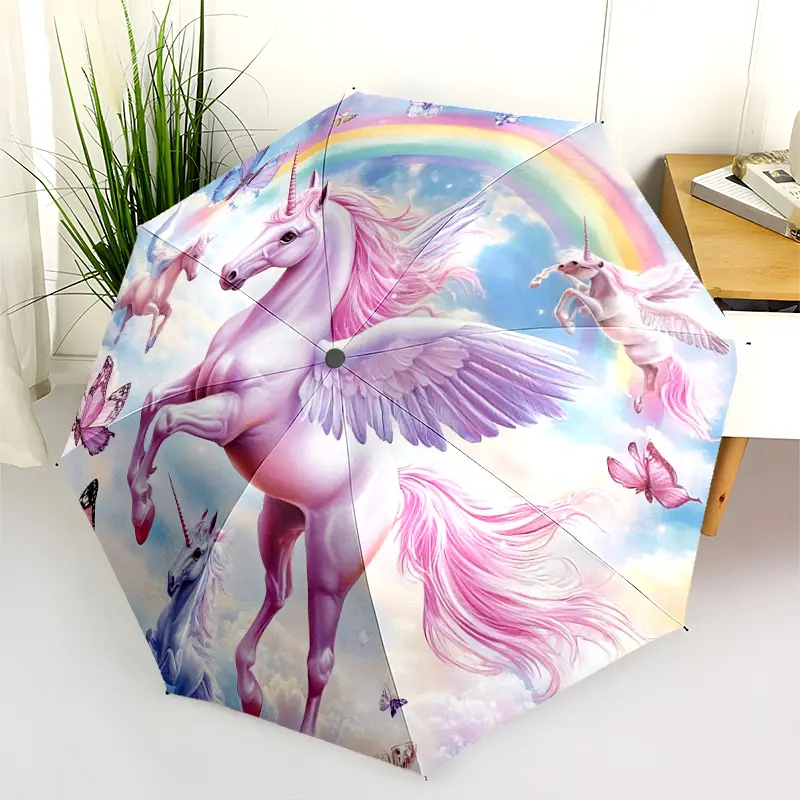 1 PC Automatic Folding Umbrella - Unicorn Rainbow Fantasy Scene Pattern, Portable & Foldable Design with 8 Ribs, Merry Christmas Pattern,Casual Outdoor Accessory Halloween and Christmas Birthday Gifts. F00156